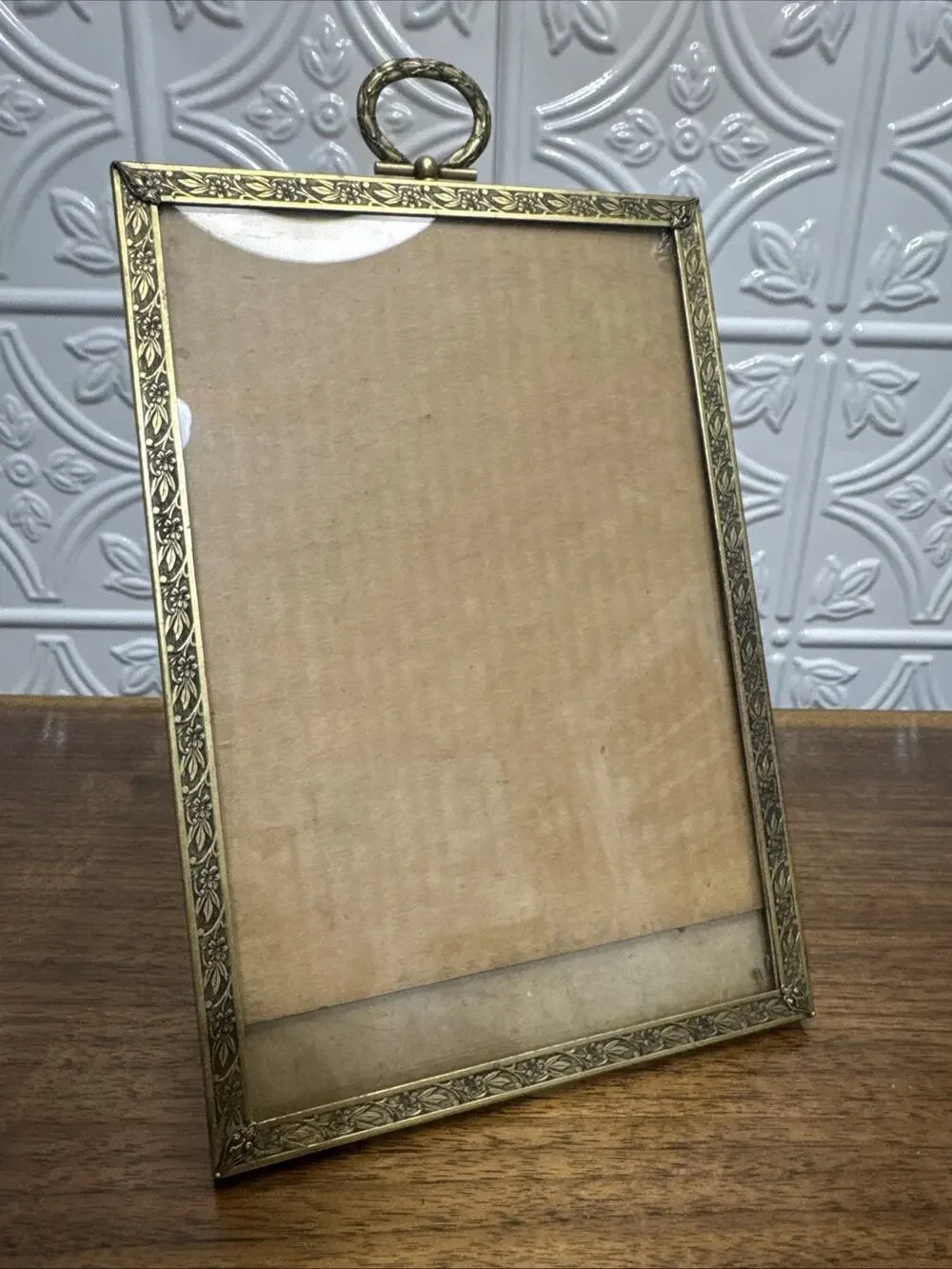 Vintage Metal Picture Frame Glass Easel Ornate Design 6.5x9.5 MCM Decor Heavy